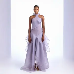 Ivory Lilac Elegant Halter Dress with Ruffled Bottom and High Neckline for Special Occasions Summer