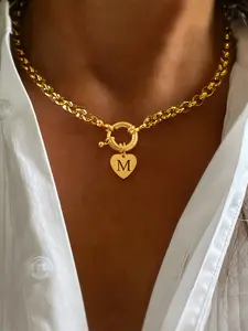 Heart Cutout Initial Pendant Necklace for Women, New Fashion Trendy Jewelry Spring Clasp Stainless Steel Chain, Casual Style All Seasons