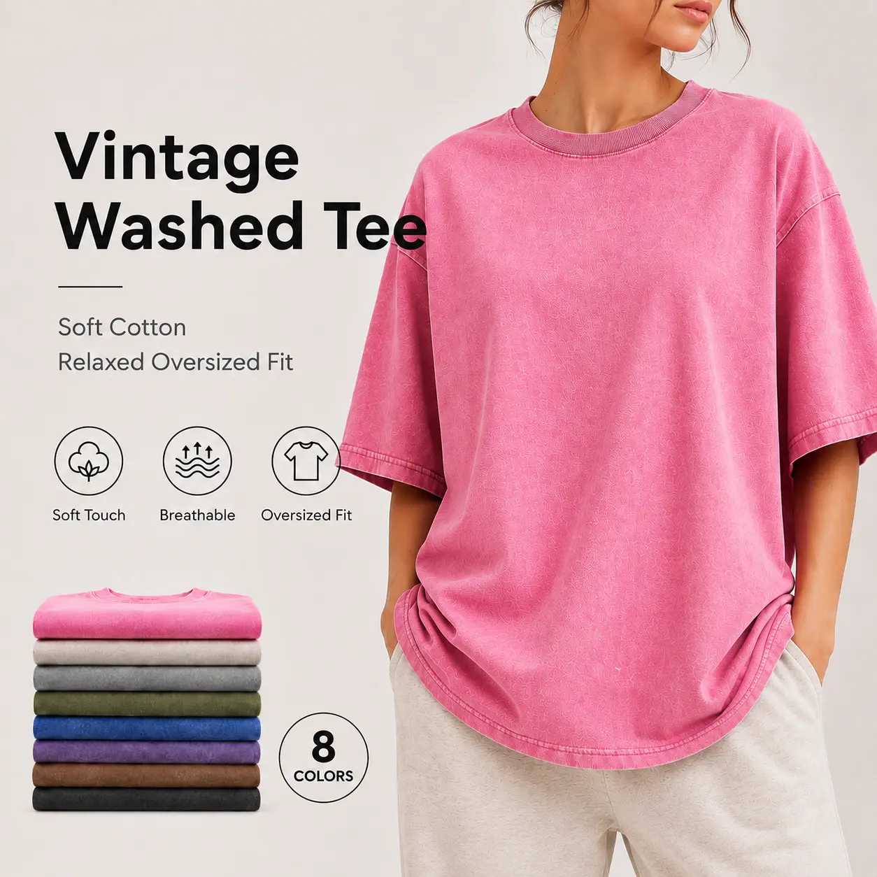 100% Cotton Oversized T Shirt for Men Women, Vintage Washed Unisex Baggy Tee,Relaxed Fit Short Sleeve Streetwear Shirt for Summer Casual Gym Workout Daily Wear