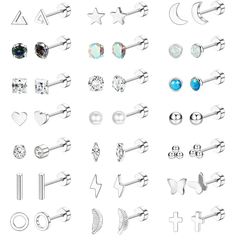 Women's Hypoallergenic Surgical Stainless Steel Post Stud Earrings Set - Flat Back, Screw Back, Small Geometric Design Cartilage Jewelry for Sensitive Ears, Daily Decorative Stud Earring Jewelry