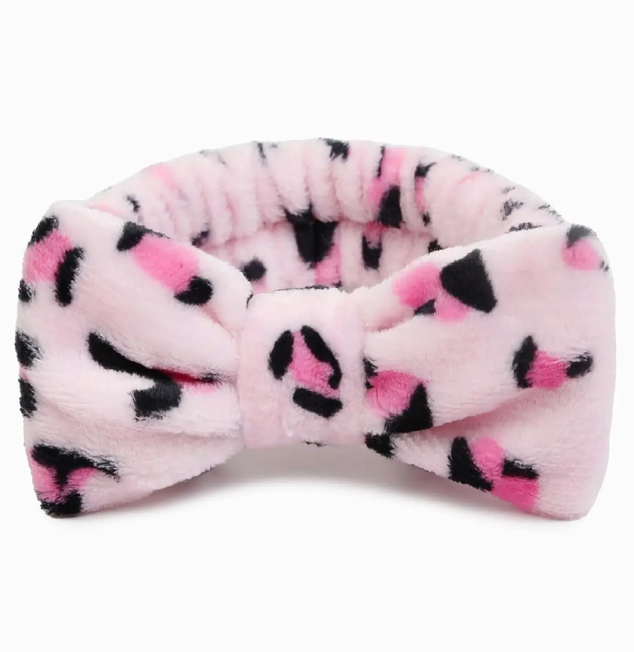 Pink Leopard Soft Microfiber Spa Headbands for Women Washing Face, Cute Skincare Headband with Bow, Face Wash Headbands for Teen Girls