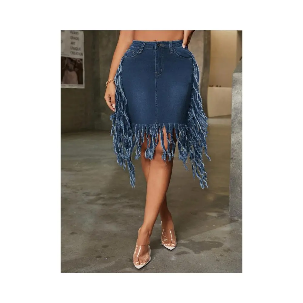 2025 Fashion Trend Sexy Washed Denim Fringe High-Waisted Skirt-F