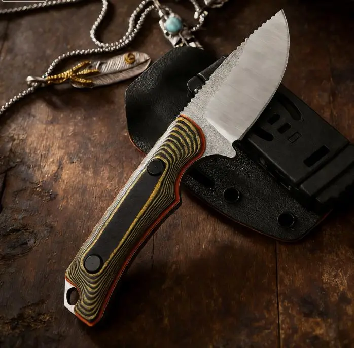 BM 15017 Fixed Blade Knife w/ Leather Sheath – 8Cr13MoV Steel, Wooden Handle, Lightweight EDC Knife for，Full Tang G10 Fixed Blade Knife