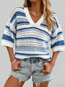 Women's Colorblock Striped Hollow Out Knit Top, Casual Short Sleeve V Neck Shirt, Perfect for Daily and Holiday Wear, Knitwear, Womenswear