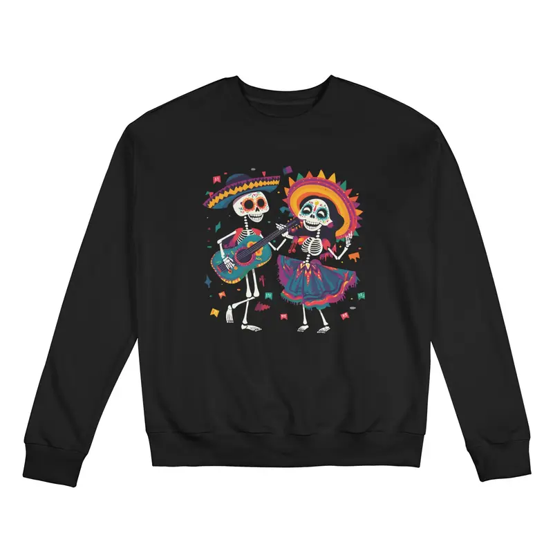 Vibrant Folk Art Skeleton Dance T-Shirt for Women Celebrate Spring and Summer with a Colorful Graphic Print Featuring Skulls and Guitar Design black-Long-sleeved sweatshirt