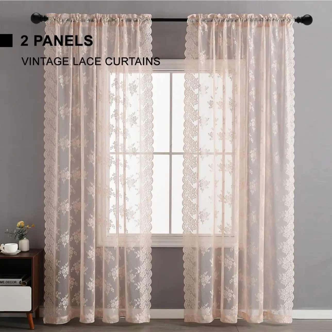 Pink Lace Curtains for Bedroom - Country Floral Lace Curtains 84 Inches Long, Scalloped Macreme Sheer Lace Curtains for Guest Room, Rod Pocket Lace Panel Curtains, 52 x 84 Inch, 2 Panels, Pink