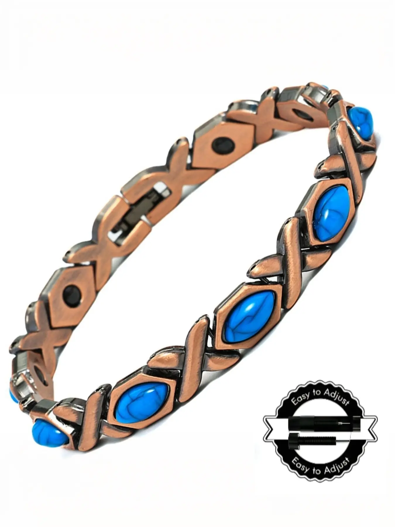 Retro-Style Rhombus Design Turquoise Bracelet, Antique Cross Heart-Shaped Magnet Couple Jewelry, All-Seasons Alloy Chain Accessory, Easy to Adjust
