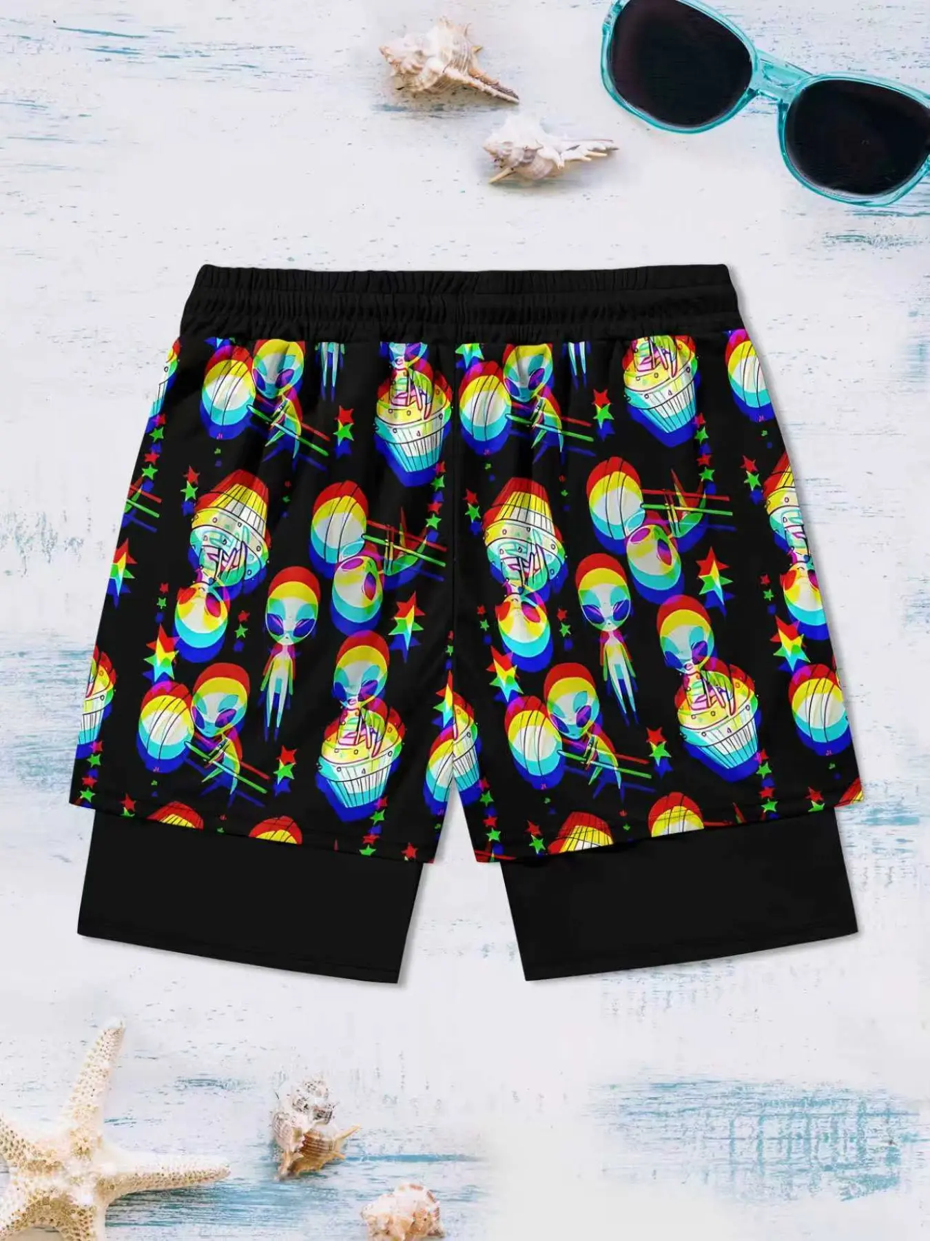 Men's Alien Print Shorts, Colorful Ufo Quick-Dry Tropical Beach Shorts with Phone Pocket, Summer Casual Beach Style Sports Surfing Shorts