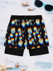 Men's Alien Print Shorts, Colorful Ufo Quick-Dry Tropical Beach Shorts with Phone Pocket, Summer Casual Sports Surfing Shorts