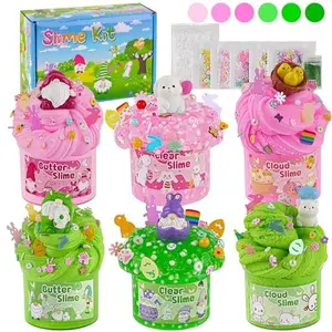 LAWOHO 6 Packs Bunny Easter Slime Kit -Cloud Clear Butter Slimes with Easter Charms & Add-ins, Soft Fluffy Slimes Kits for Girls & Boys, 360ml Pink & Green Easter Slime Making Kit Party Favor for Kids