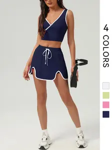 Two-Piece Set Women's Colorblock Contrast Trim V Neck Crop Top & Drawstring Waist Skort Tennis Set, Sports Clothing Set, for Outdoor Sports, Fitness, Gym Workout Set
