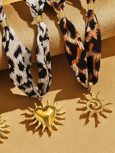 Vintage Leopard Print Sun Heart Pendant Necklace Accessory, Love Heart Necklace, Leopard Print Accessories, Luxurious Unique Women Bohemian Style Jewelry, Fashionable Gift Idea