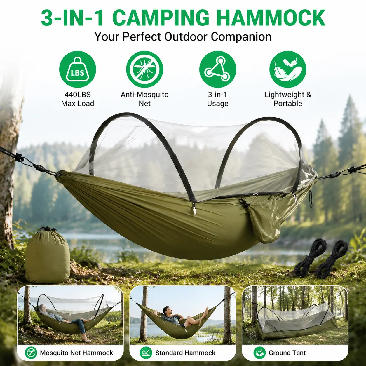 Portable 3-in-1 Hammock Tent, Camping Hammock with Built-In Mosquito Net, Dual Zippers 440lbs Capacity for Outdoor quick setup-5652
