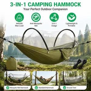 Portable 3-in-1 Hammock Tent, Camping Hammock with Built-In Mosquito Net, Dual Zippers 440lbs Capacity for Outdoor quick setup-5652