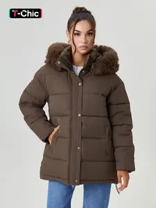Women's Winter Casual Stand Collar Fluffy Hooded Adjustable Waist Tie Zipper Thermal Coat Outerwear