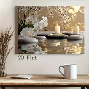 One Wooden Frame Canvas Painting, 1 Piece - Relaxing White Orchid and Candle, Healing Wall Art, Suitable for Bathroom, Spa Center or Home Office Decoration, Perfect Recovery or Self-Care Gift, Spa Decoration, Tranquil Room Decoration, Natural Aesthetics,