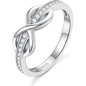 FINREZIO 1 Pc Silvery Delicate Infinity Knot Ring for Women Men Sparkling Cubic Zirconia Paved Intertwined Love Knot 925 Sterling Silver Band Dainty Minimalist Engagement Promise Ring Hypoallergenic Elegant Jewelry for Daily Wear Anniversary Gift Giving