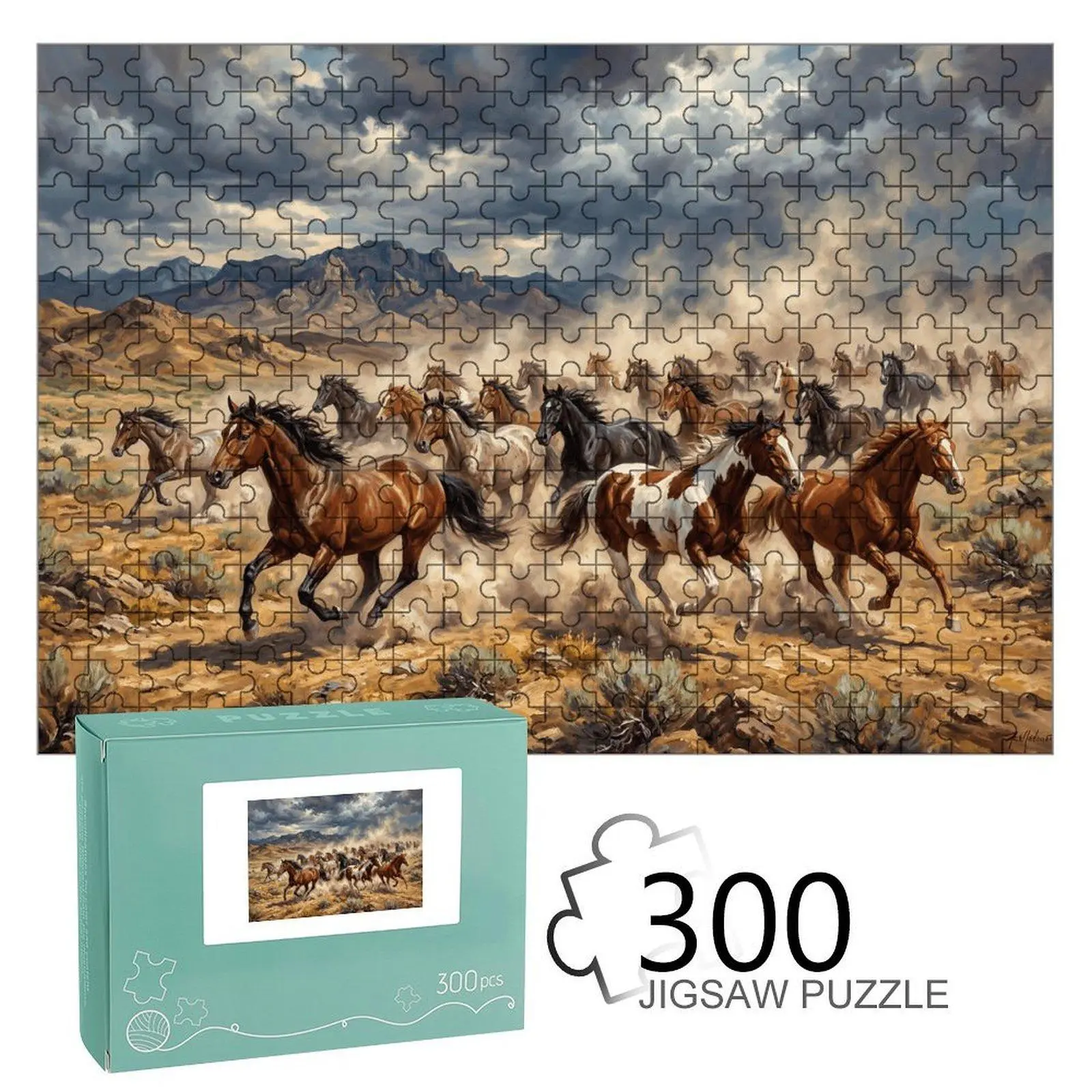 Realistic Wild Horses Running Western Desert Jigsaw Puzzle - HD Vibrant Print, Premium Cardboard, Stress Relief Puzzle for Adults, House Decoration Home Supply