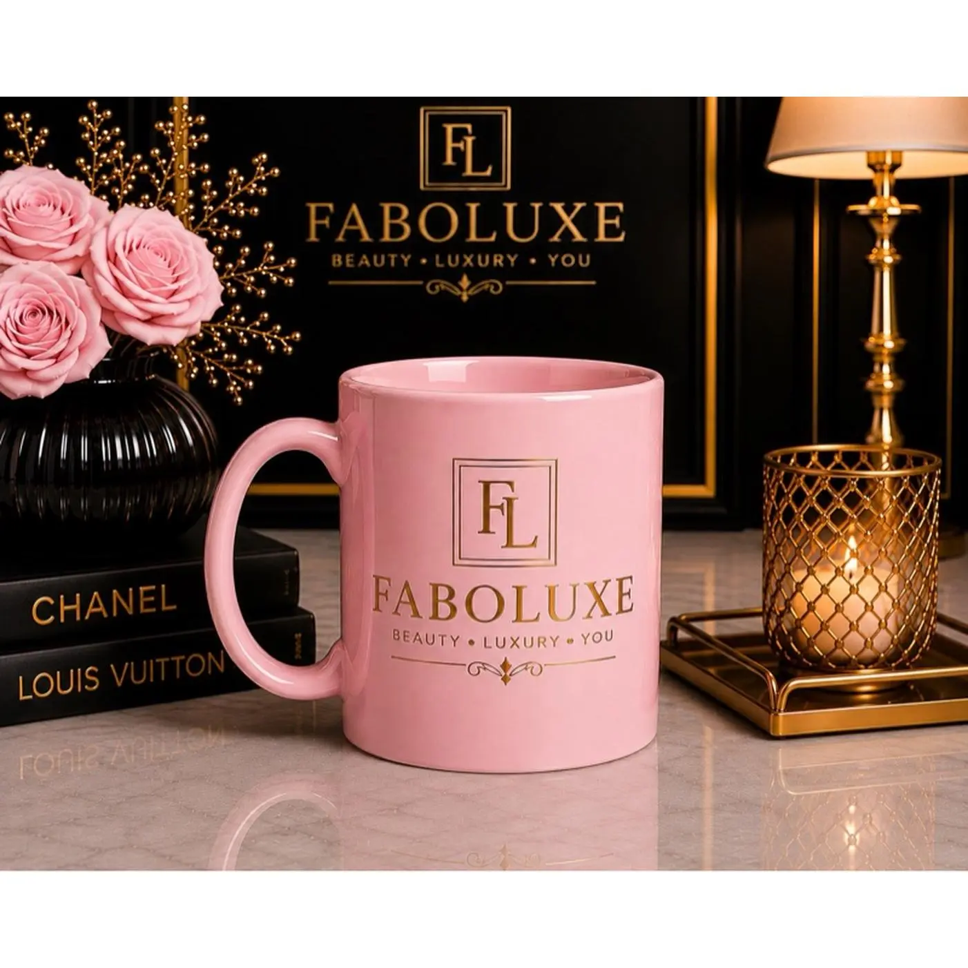 Faboluxe Pink Ceramic Mug with Gold Logo - Perfect for Coffee & Tea - Ideal for Gifting - Luxury Home Decor