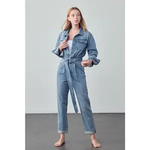 Denim Lab USA Belted Collared Button Front Denim Jumpsuit