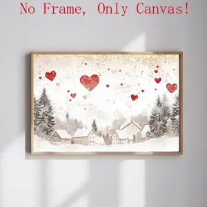 Unframed Canvas Wall Art Valentine's Day Red Hearts Poster Vintage Winter Snow Village Painting Romantic Seasonal Home Decor Gift