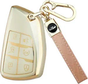 for Chevy Key Fob Cover with Keychain, Soft TPU Full Protection Car Key Case Compatible with Chevy 2021 2022 2023 2024 2025 Tahoe Sierra Suburban GMC Yukon Denali Silverado, 6 Buttons, Gold