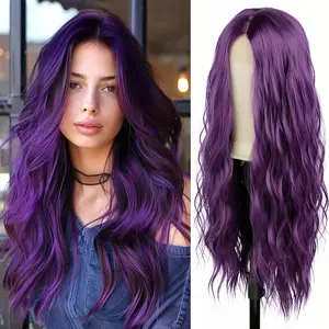 Purple Wigs For Women Dark Purple Water Wave Wig Middle Part Long Curly Wavy Wig, Synthetic Heat Resistant Hait For Daily Cosplay Party Holiday
