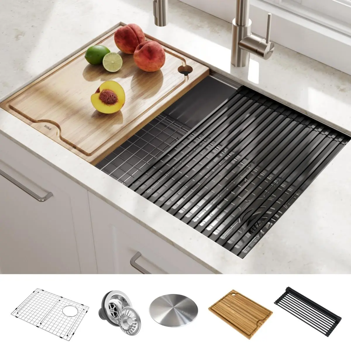 212 MAIN Kraus KWU110-27 27 in. Modern Rectangular Kore Undermount Type Workstation Sink, 16 Gauge Single Bowl Stainless Steel, with Integrated Ledge & 5-Piece Accessory Pack
