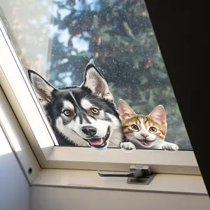 Realistic Animal Husky Kitten Peeking Glass Window Sticker, Adorable Pet Design for Home Decor, Fun and Lifelike Decoration