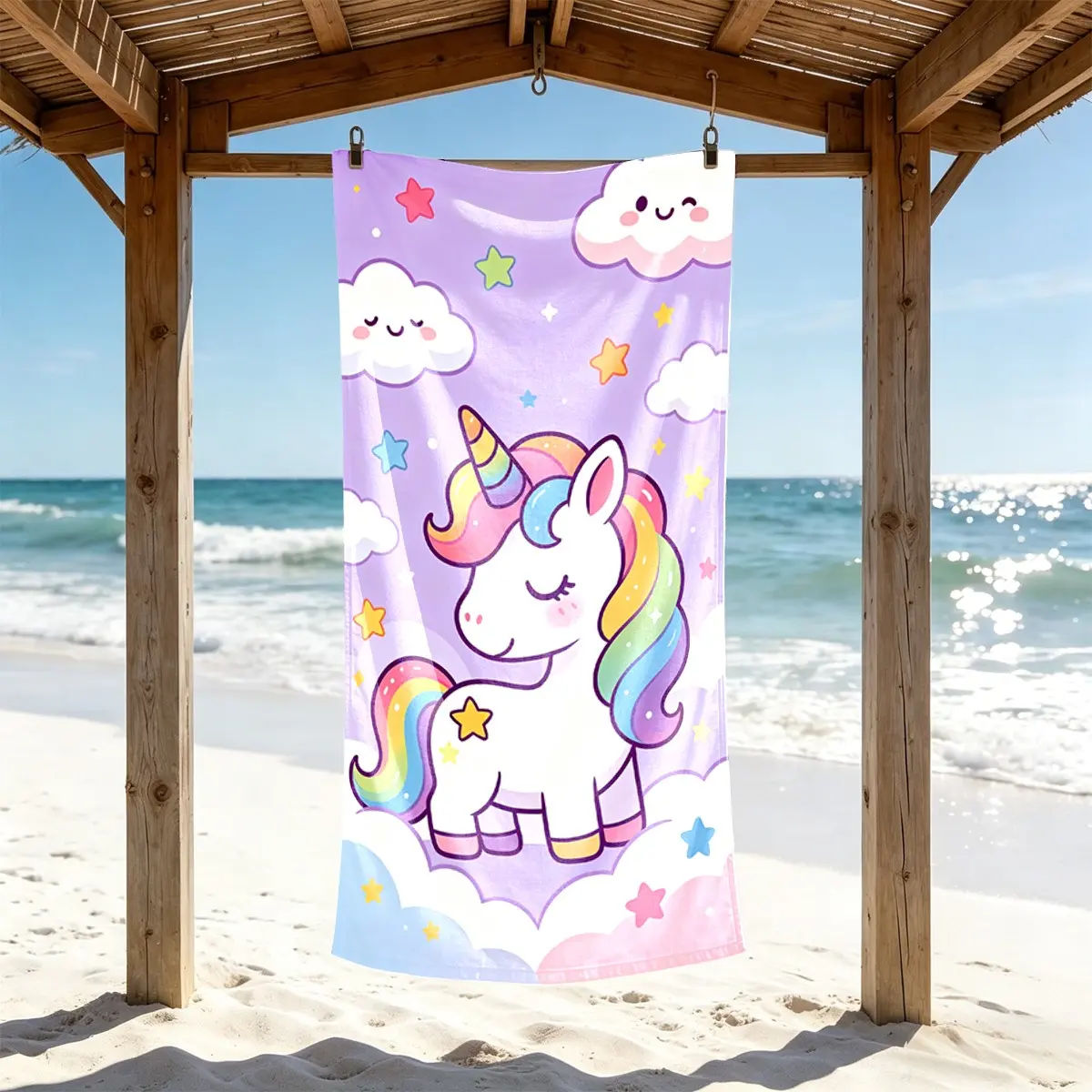 Cartoon Rainbow Unicorn Beach Towel, Ultra-Fine Fiber, Lightweight Quick-Dry, Soft Comfort, Ideal for Beach, Camping, Swimming, Travel, Gift