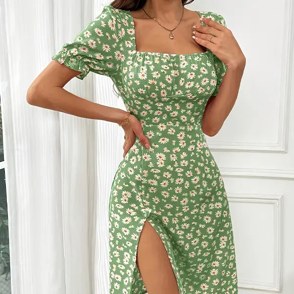 Women's Casual Daisy Floral Midi Dress with Puff Short Sleeves, Square Neckline, Ruched Bust, and Side Slit for Summer Tea Parties, Shortsleeve, Casual Wear, Clothes, Lady, Polyester, Casual Sweet
