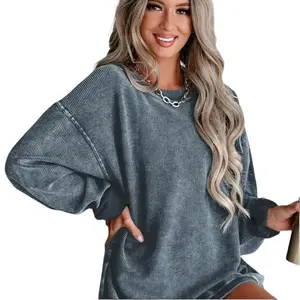 Cali Chic Women's Sweatshirts Blue Solid Oversized Casual Knit Pullover Long Sleeves Womenswear Ribbed
