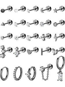 25pcs Hypoallergenic Flat Back Earrings 20G Cartilage Tragus Conch Piercing Jewelry Surgical Stainless Steel Flatback Stud Earrings for Women Small Hoop Earring Set for Multiple Piercing Gold/Silver