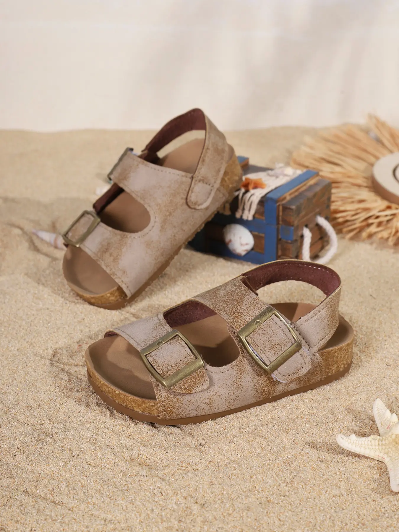 Soft Sole Sandals, Unisex Summer Retro Double Buckle Beach Shoes, Baby Anti-Slip Breathable Footwear, Casual PU Leather, Toddler Shoes, Kids Shoes