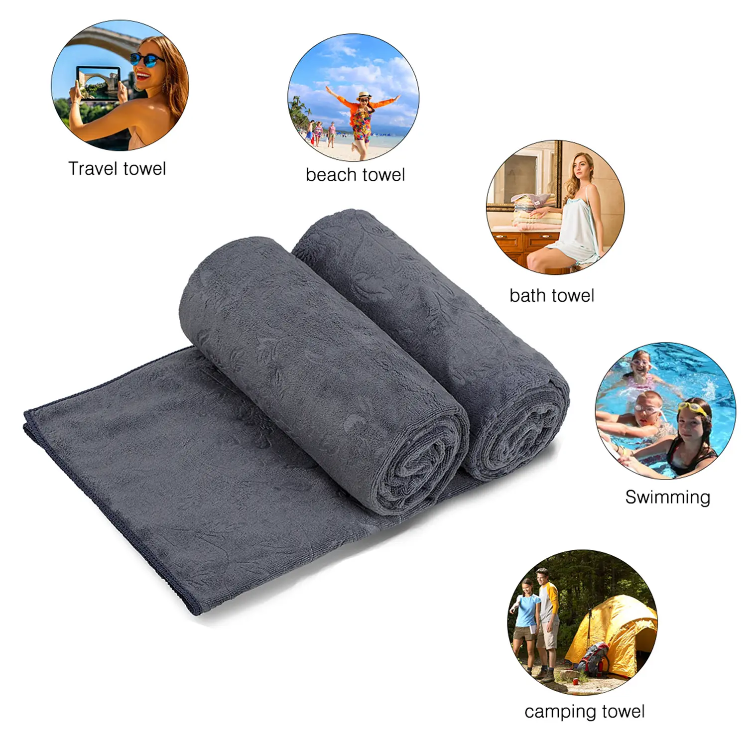 Microfiber Bath Towel 2 Pack(30" x 60"), Oversized Thick Towels, Soft, Super Absorbent and Fast Drying, No Fading Multipurpose Use for Sports, Travel, Fitness, Yoga, Grey Count