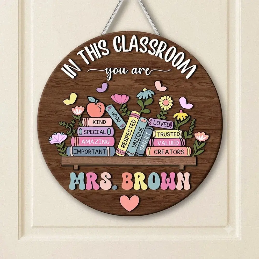 Positive Affirmations Classroom Custom Teacher Name Round Wooden Door Hanger 2 Layer