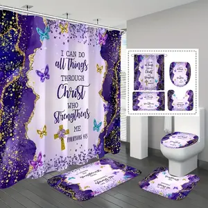 4pcs/set  Christian Inspirational Bible Waterproof & Durable Shower Curtain with Hooks Features Biblical Verses Non-slip Mat U-shaped Toilet Pad Lid Protector  Bring Faith To Your Bathroom