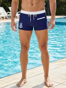 Men's Anchor Print Swim Trunks with Triangle Mesh Lining, Summer Vacation Casual Comfy Quick-Dry Swimming Shorts with Zipper Front Pocket, Swimwear Swimsuit Bathing Suit, Drawstring Elastic Waist