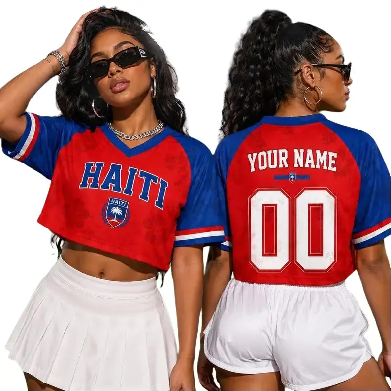 Custom Haiti Soccer Croptop Jersey, Personalized Name Number Football Crop Tee, Women Game Day Fan Shirt, Haiti Sports Top