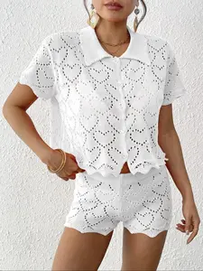 Women's Plain Crochet Trim Polo Neck Crop Top & Shorts Set, Casual Short Sleeve Top & Shorts for Beach Vacation, Ladies Swimwear for All Seasons