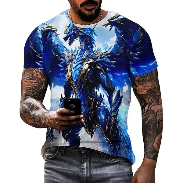 Wuwei Men's Mechanical Blue Dragon 3D Pattern T-Shirt - Loose Short Sleeve, Breathable Digital Printing Summer Outdoor Casual Top, Dragon Pattern Design, Bright Pattern Comfortable Fabric, Fashion Art Style, Soft Texture Pullover, Trendy Clothing tiktoksh