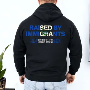 [Made in USA] Raised By Immigrants Hoodie, El Salvador Identity Quote Graphic Pullover Hoodie, El Salvador American Pride Latino Heritage Empowerment Design, Unisex Streetwear Oversized Salvadorean Hoodie , Immigrant Family Inspirational Gift