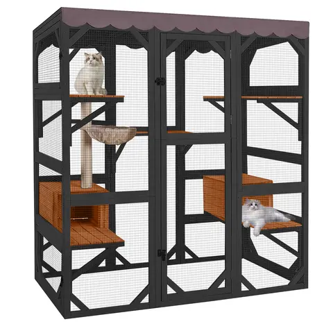 Aivituvin-AIR37-M Large Solid Wood Walk-in Mesh Cat Enclosure - Outdoor Kitty House with 64.2" Tall Door, Waterproof Roof Tarp, Stable Corner Bars, Predator-Resistant Latches, Spacious Interior, Window/Cat Door Connectable Safe Shelter, Walk-In Enclosure