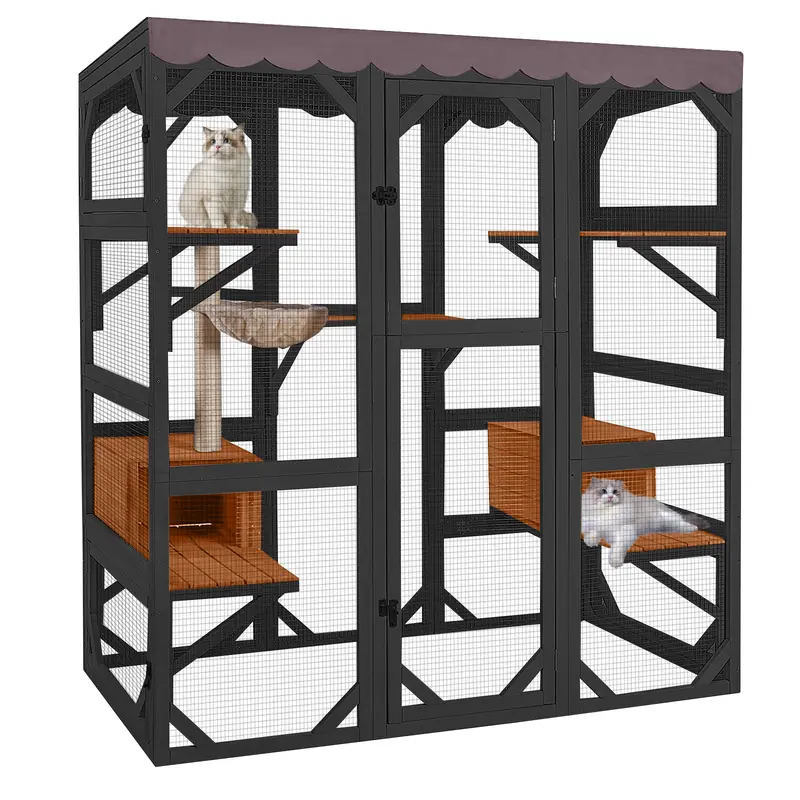 Aivituvin-AIR37-M Large Solid Wood Walk-in Mesh Cat Enclosure - Outdoor Kitty House with 64.2" Tall Door, Waterproof Roof Tarp, Stable Corner Bars, Predator-Resistant Latches, Spacious Interior, Window/Cat Door Connectable Safe Shelter, Walk-In Enclosure