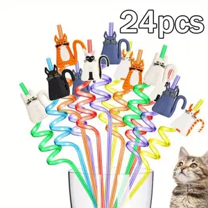 Set of 24 Cute Cat Series Cartoon Decorative Straw Set, Patch Detachable Spiral Straw, Reusable Plastic Straws, durable Straw, Easy To Clean, Cat Themed Party Decoration Supplies