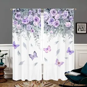 Floral & Butterfly Pattern Curtain, 2 Counts/set Romantic Rod Pocket Curtain, Home Decor for Living Room Bedroom Study Room, Window Curtain