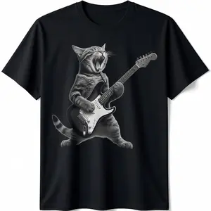Summer t Shirts Cat Playing Guitar Rock Star Rock and Roll For Men Women Kid T-Shirt