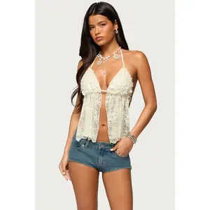 Sequin Lace Split Front Backless Top
