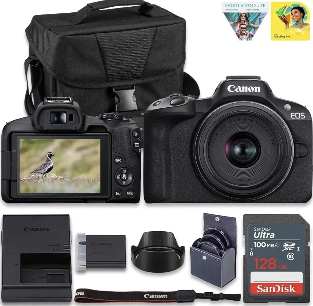 Canon EOS R50 Mirrorless Camera  18-45mm Lens Black + 128GB SD Memory Card + Bag