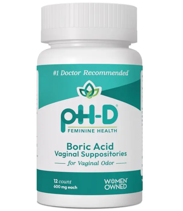 pH-D Feminine Health Support - 600 mg Boric Acid Suppositories - Woman Owned - for Vaginal Odor Use - 12 Count